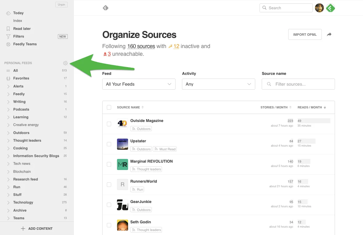 Feedly.com new Organize